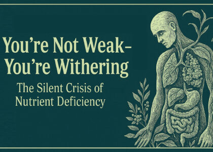 A vintage medical illustration of a gaunt human figure surrounded by botanical plants and sunflowers, drawn in sepia ink on a textured deep green background. The composition symbolizes nutrient depletion, cellular decay, and wild plant-based recovery.