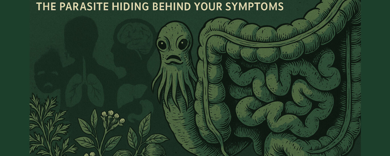 A vintage medical-style illustration of a tapeworm-like parasite hiding behind a human intestinal tract, set against a forest green background. Botanical depictions of wormwood, cloves, and black walnut line the foreground, visually referencing natural parasite protocols.