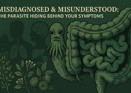A vintage medical-style illustration of a tapeworm-like parasite hiding behind a human intestinal tract, set against a forest green background. Botanical depictions of wormwood, cloves, and black walnut line the foreground, visually referencing natural parasite protocols.