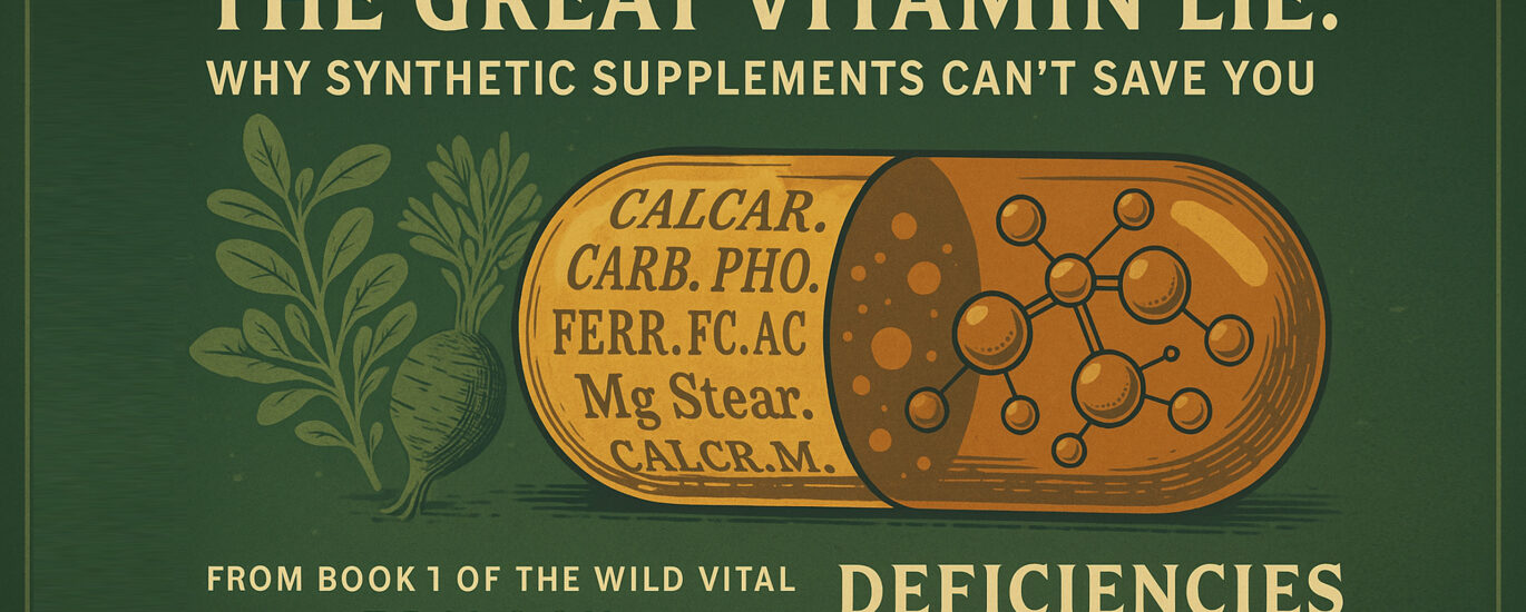 A vintage-styled digital illustration showing synthetic vitamin capsules disintegrating into fragmented shapes beside wild plant sources like nettles, pine pollen, and raw roots. The green-toned background contrasts artificial isolates with whole food nutrients, visually conveying the disconnect between synthetic supplements and true nourishment.