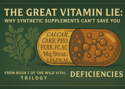 A vintage-styled digital illustration showing synthetic vitamin capsules disintegrating into fragmented shapes beside wild plant sources like nettles, pine pollen, and raw roots. The green-toned background contrasts artificial isolates with whole food nutrients, visually conveying the disconnect between synthetic supplements and true nourishment.