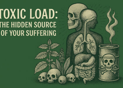 A hand-drawn vintage-style illustration showing a human silhouette with internal organs, overlaid by a skull and toxic waste barrel emitting fumes. Botanical elements and smaller skulls appear at the base, symbolizing toxic accumulation, cellular burden, and herbal recovery against a textured deep green backdrop.