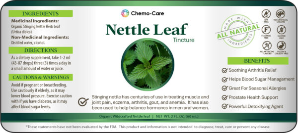 Label of wildcrafted nettle tincture bottle showing mineral and nutrient support