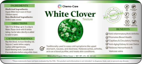 Bottle label for 2 oz Wildcrafted White Clover Tincture