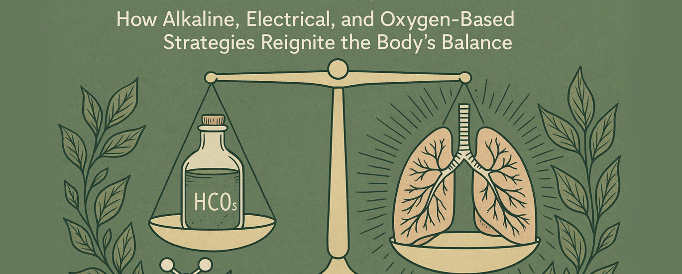 A hand-drawn illustration showing a balanced scale with a glass bottle labeled “HCO₃⁻” (bicarbonate) on one side and anatomical lungs on the other, symbolizing the interplay between alkalinity and oxygen. Botanical elements frame the image, highlighting the role of mineral balance and oxygenation in restoring cellular equilibrium.