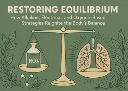 A hand-drawn illustration showing a balanced scale with a glass bottle labeled “HCO₃⁻” (bicarbonate) on one side and anatomical lungs on the other, symbolizing the interplay between alkalinity and oxygen. Botanical elements frame the image, highlighting the role of mineral balance and oxygenation in restoring cellular equilibrium.