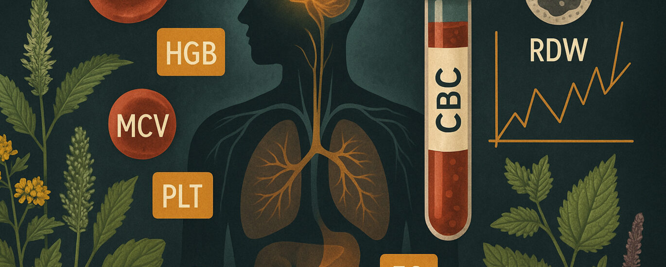 A scientific and botanical illustration of a CBC blood test theme, showing a semi-transparent human figure with glowing internal organs, surrounded by labeled blood test markers like RBC, MCV, HGB, PLT, RDW, and EO. A red test tube labeled CBC stands prominently with surrounding herbs like nettle and yellow dock, reflecting a root-cause and terrain-based interpretation of bloodwork.