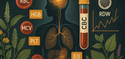 A scientific and botanical illustration of a CBC blood test theme, showing a semi-transparent human figure with glowing internal organs, surrounded by labeled blood test markers like RBC, MCV, HGB, PLT, RDW, and EO. A red test tube labeled CBC stands prominently with surrounding herbs like nettle and yellow dock, reflecting a root-cause and terrain-based interpretation of bloodwork.