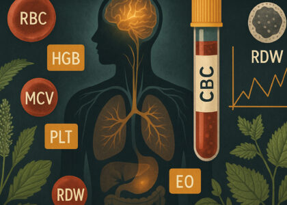 A scientific and botanical illustration of a CBC blood test theme, showing a semi-transparent human figure with glowing internal organs, surrounded by labeled blood test markers like RBC, MCV, HGB, PLT, RDW, and EO. A red test tube labeled CBC stands prominently with surrounding herbs like nettle and yellow dock, reflecting a root-cause and terrain-based interpretation of bloodwork.
