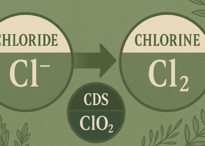 A green-toned digital illustration contrasting chloride (Cl⁻), chlorine gas (Cl₂), and CDS (ClO₂) with hand-drawn circular icons and arrows. Surrounded by subtle botanical motifs, the image visually distinguishes essential electrolytes from industrial toxins in the context of redox healing.