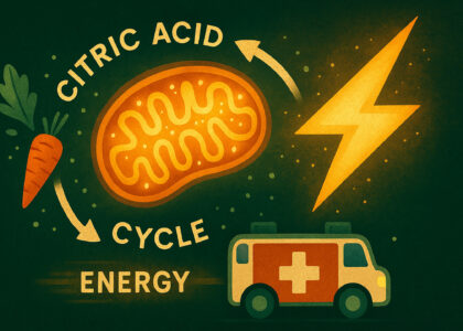 A visual metaphor of cellular energy production featuring a glowing orange mitochondrion, a large lightning bolt symbolizing ATP output, and cycle arrows. Root-based botanical elements and a power vehicle suggest nutrient-driven bioenergetic support in a terrain-based healing context—all set against a dark green backdrop.