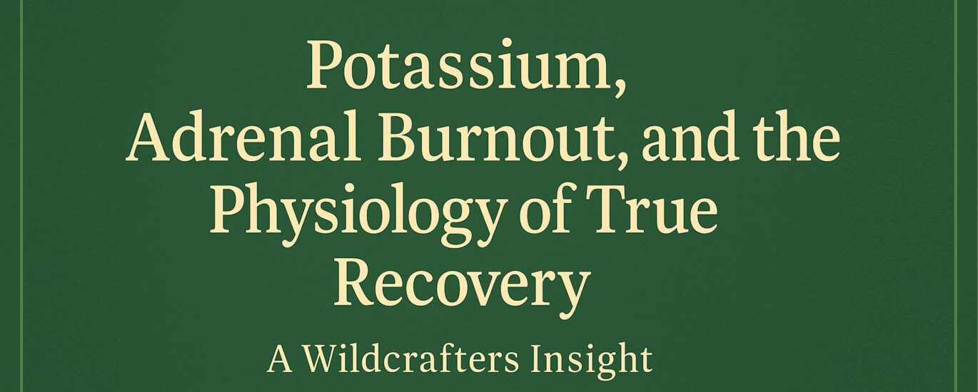 A minimalist digital illustration with a forest-green textured background showing a balanced horizontal layout. Centered on the banner is a cream-colored title referencing potassium, adrenal burnout, and physiological recovery, styled in an elegant serif font with generous margins for bleed space.