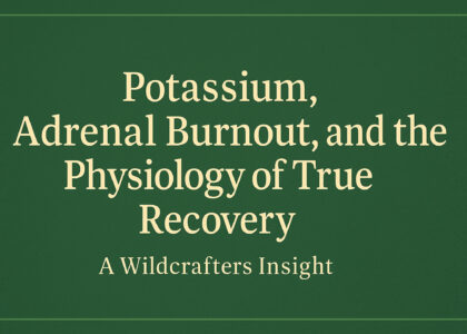 A minimalist digital illustration with a forest-green textured background showing a balanced horizontal layout. Centered on the banner is a cream-colored title referencing potassium, adrenal burnout, and physiological recovery, styled in an elegant serif font with generous margins for bleed space.