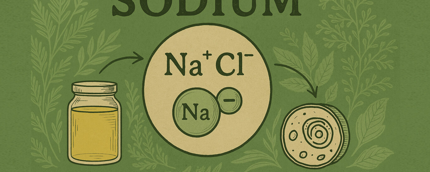 A hand-drawn digital illustration of a sodium chloride molecule flanked by a glass jar of mineral broth and a stylized cell cross-section, all framed in botanical linework on a textured green background. The imagery emphasizes sodium’s role in mineral balance, hydration, and cellular stability.
