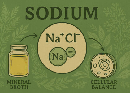 A hand-drawn digital illustration of a sodium chloride molecule flanked by a glass jar of mineral broth and a stylized cell cross-section, all framed in botanical linework on a textured green background. The imagery emphasizes sodium’s role in mineral balance, hydration, and cellular stability.