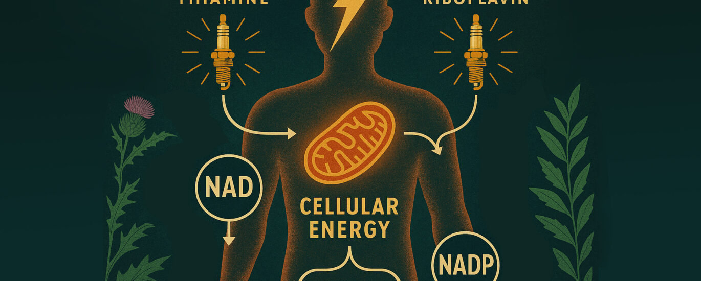 A colorful horizontal illustration showing the NAD/NADP energy cycle with labeled elements including a glowing mitochondrion, lightning bolt, Vitamin B1 and B2 spark plugs, and a shuttle bus carrying energy through the cell. The design highlights the cellular role of thiamine and riboflavin in mitochondrial ATP production.