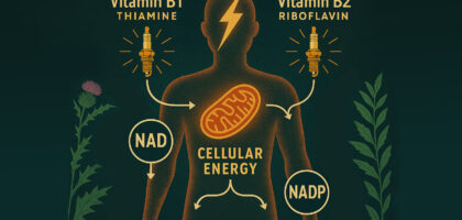 A colorful horizontal illustration showing the NAD/NADP energy cycle with labeled elements including a glowing mitochondrion, lightning bolt, Vitamin B1 and B2 spark plugs, and a shuttle bus carrying energy through the cell. The design highlights the cellular role of thiamine and riboflavin in mitochondrial ATP production.
