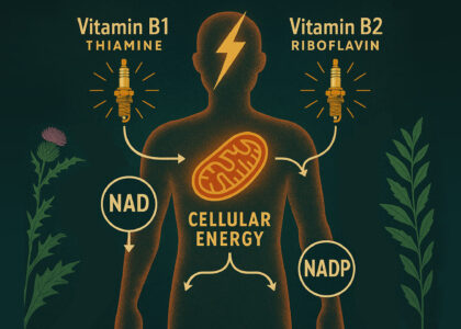 A colorful horizontal illustration showing the NAD/NADP energy cycle with labeled elements including a glowing mitochondrion, lightning bolt, Vitamin B1 and B2 spark plugs, and a shuttle bus carrying energy through the cell. The design highlights the cellular role of thiamine and riboflavin in mitochondrial ATP production.