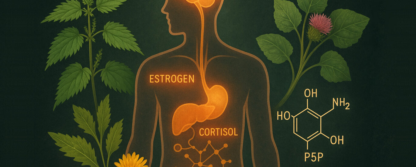 A scientific-style illustration showing a semi-transparent human figure with glowing brain, liver, adrenal glands, and molecular representations of P5P (active B6). Natural elements like stinging nettle, burdock, and dandelion surround the figure, symbolizing hormone regulation, inflammation support, and wildcrafted Vitamin B6 activity.