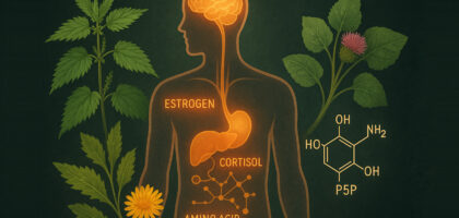 A scientific-style illustration showing a semi-transparent human figure with glowing brain, liver, adrenal glands, and molecular representations of P5P (active B6). Natural elements like stinging nettle, burdock, and dandelion surround the figure, symbolizing hormone regulation, inflammation support, and wildcrafted Vitamin B6 activity.