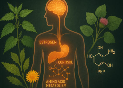 A scientific-style illustration showing a semi-transparent human figure with glowing brain, liver, adrenal glands, and molecular representations of P5P (active B6). Natural elements like stinging nettle, burdock, and dandelion surround the figure, symbolizing hormone regulation, inflammation support, and wildcrafted Vitamin B6 activity.