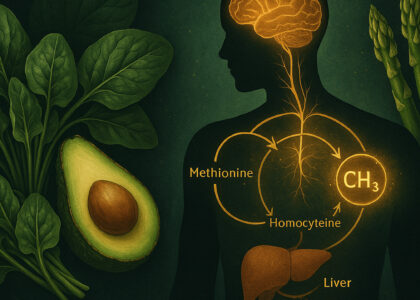 A stylized medical illustration showing a translucent human figure with glowing brain and methylation pathways, surrounded by folate-rich foods like spinach and avocado on a dark natural background, symbolizing the role of Vitamin B9 in methylation and mental clarity.