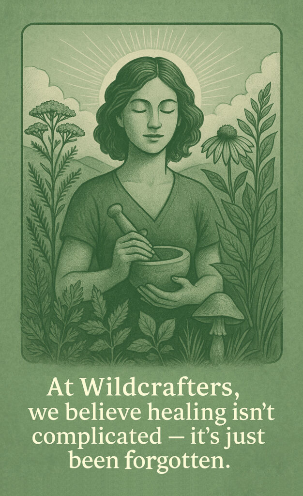 A vintage-inspired vertical illustration featuring a human figure with botanical roots growing from their body, symbolizing reconnection to nature. The figure stands beneath a canopy of wild plants and herbs with rays of light, evoking healing, ancestral wisdom, and natural restoration on a deep green textured background.